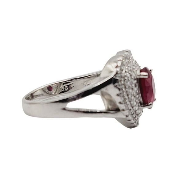 925 Sterling Silver Rhodium Plated Genuine Ruby Clear CZ Heart Shaped Ring - Picture 4 of 9